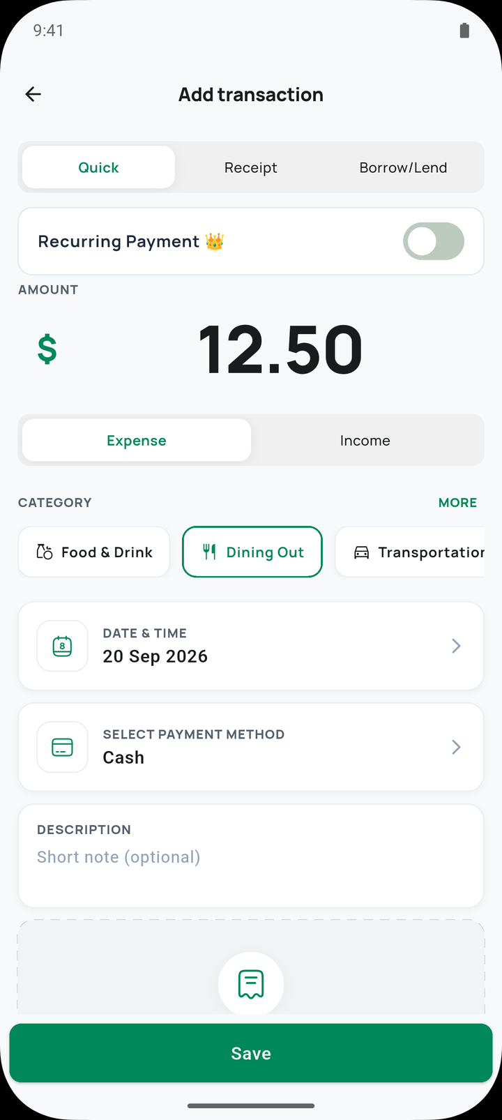 Walley add transaction form