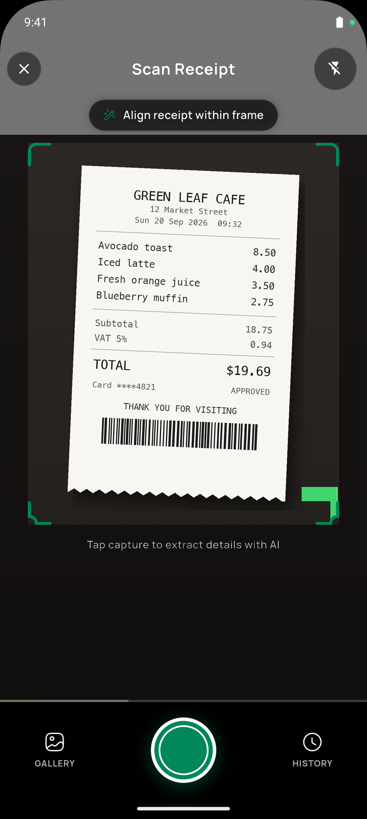 Walley receipt scanner aligning a receipt in the camera frame