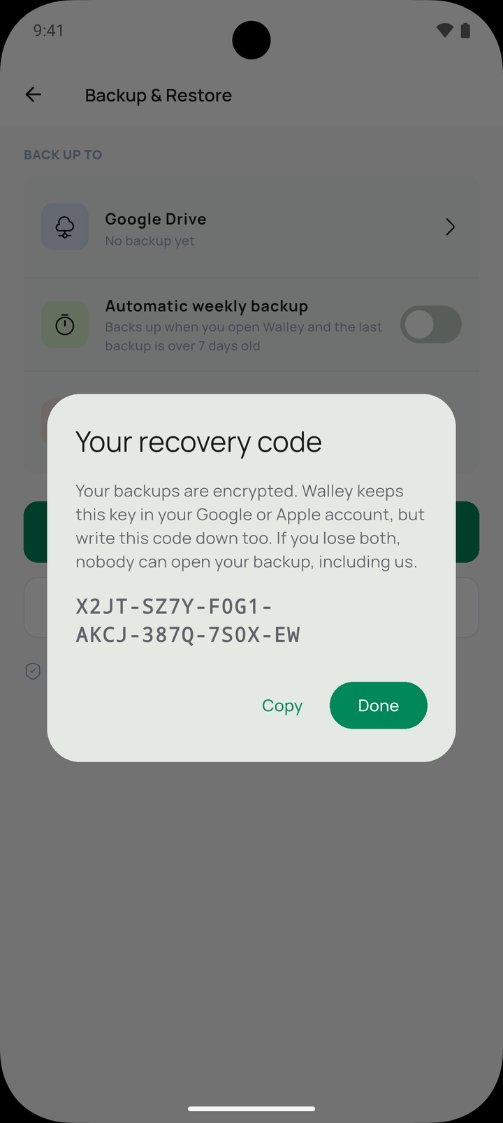 Walley backup and restore screen showing an encrypted backup recovery code