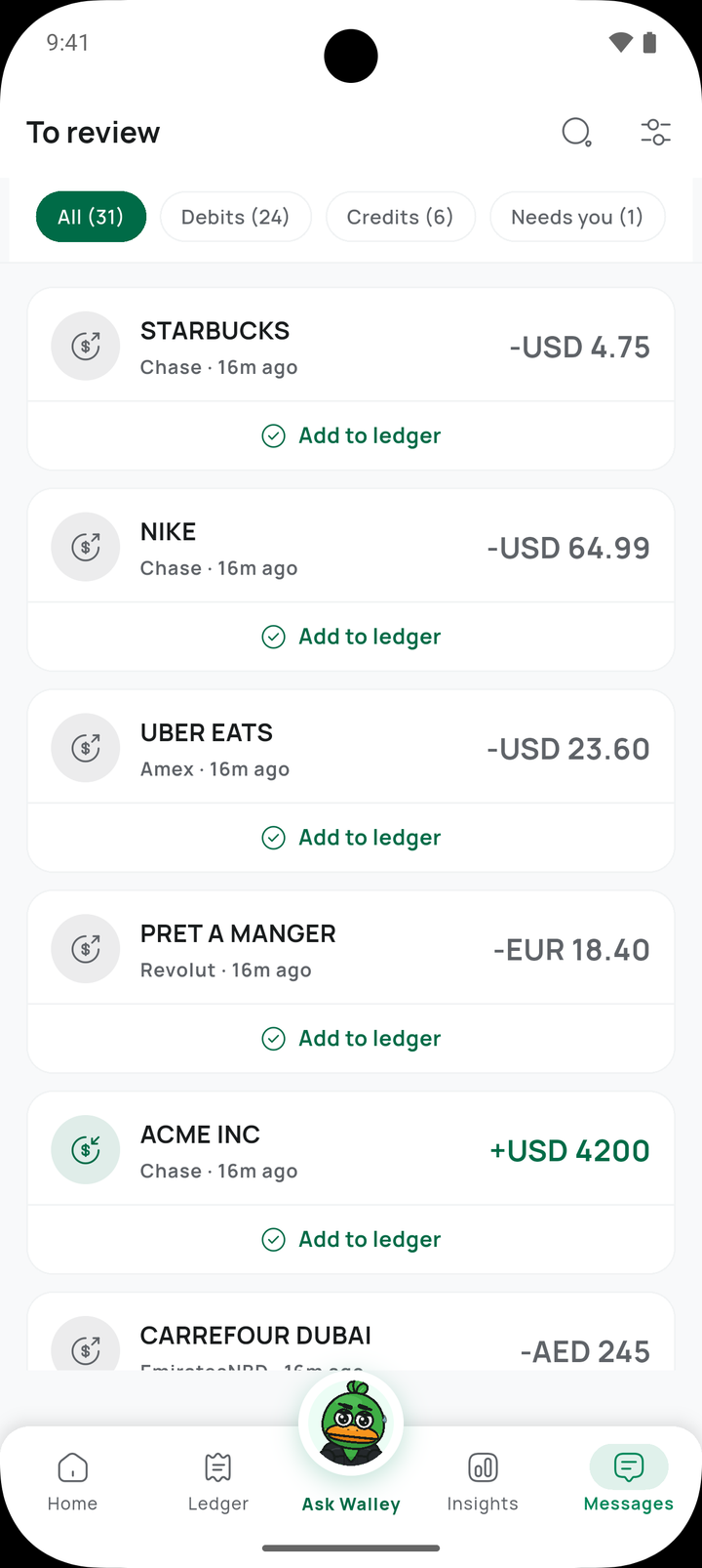 Walley payment messages to review as draft transactions